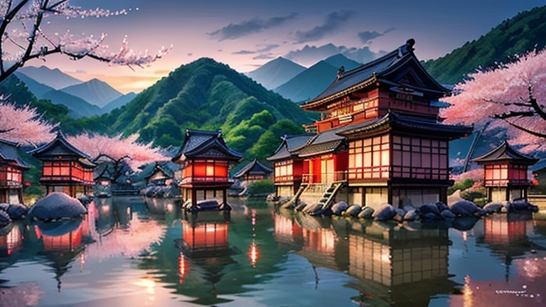 Prompt: Realistic, traditional japanese village at sunset, cherry blossom, detailed architecture, serene atmosphere, high quality, traditional, village, sunset scene, cherry blossom, detailed buildings, serene, realistic, atmospheric lighting, peaceful, traditional Chinese, warm tones