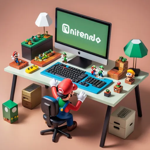 Prompt: Home office setting, aerial view, metallic hues, reds, greens, blues, yellows, browns, computer and keyboard sits on an office desk, female hands typing on the keyboard, a document is open on the computer that reads Nintendo, Mario and Luigi dolls next to computer, cute simple low poly render, kawaii Nintendo characters decorate table top, minimalistic, simple background