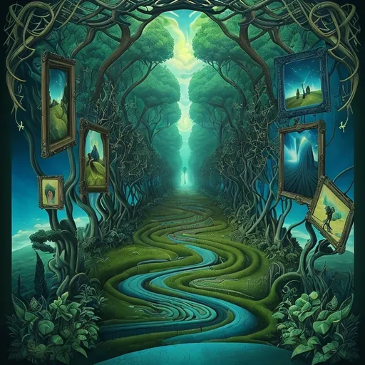 Prompt: A surreal art style image of an imaginative pathway leads to a journey down memory lane with framed images of real events adorning the pathway. Evokes feelings of contemplation. The journey depicts past delusions and false memories. Surrealism. Surreal art style. Vibrant colors