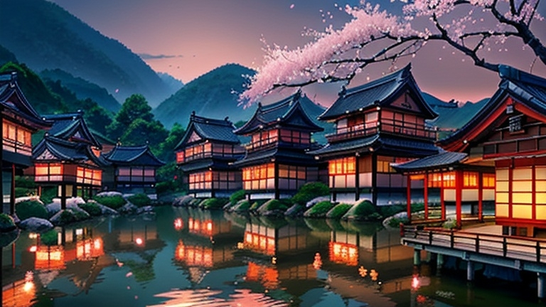 Prompt: Realistic, traditional japanese village at sunset, cherry blossom, detailed architecture, serene atmosphere, high quality, traditional, village, sunset scene, cherry blossom, detailed buildings, serene, realistic, atmospheric lighting, peaceful, traditional Chinese, warm tones