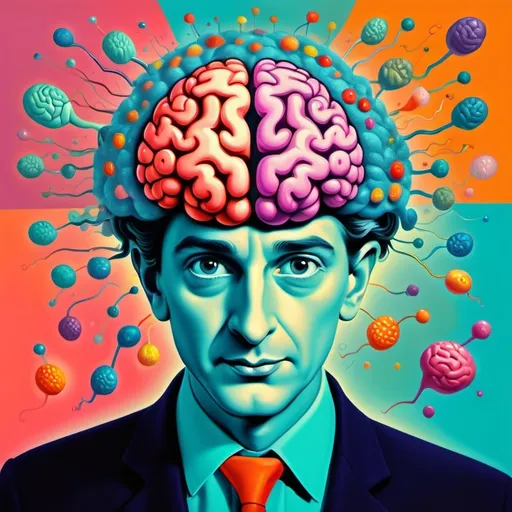 Prompt: The image to pick a man with a small, tiny brain stumbling. Humor. Bright color scheme. Surrealist art movement. 