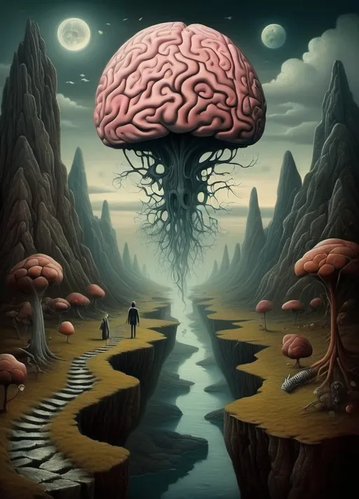 Prompt: Art style of Salvadore Dahli.
 Surrealist art movement. Fantasy. 
A mythical landscape. 
Brains wanders Because it's way too little to be out alone. surreal. Mythological. Dreamscape.