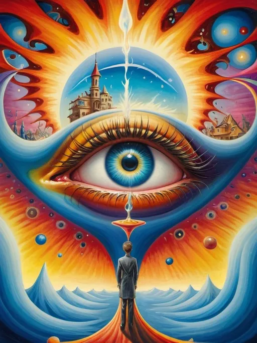 Prompt: Art style of Salvadore Dahli.
 Surrealist art movement. 
A dreamscape of imagination that Evokes a feeling of Trust and self worth. An overall sense of happiness about life. 

A self fanning tiny, inner sparks of possibility into flames of achievement showing a sense of movement and enlightenment. surreal. Fantasy. Bright colors. 