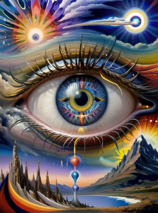Prompt: Art style of Salvadore Dahli.
 Surrealist art movement. Fantasy. 
A dreamscape of imagination that Evokes a feeling of Trust and self worth. An overall sense of happiness about life. 
A self emmits tiny, inner sparks of possibility into flames of achievement showing a sense of movement and enlightenment. surreal. Fantasy. Bright colors. 