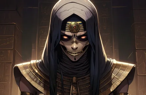 Prompt: 2d dark j horror anime style, Egyptian, mummy macro, gothic 