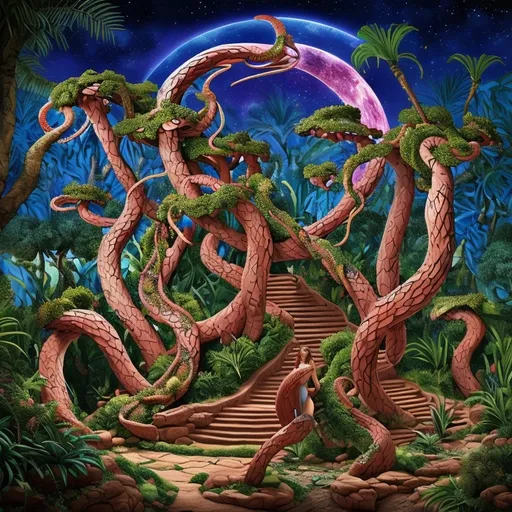 Prompt: Creationism. A Lush colorful biblical Garden of eden dreamscape with fig trees. One lone Snake coils around A female standing perfectly still with back facing frame. Rising from the female are multiple souls watching from the night sky. image of evokes feelings of understanding and creativity and peace.