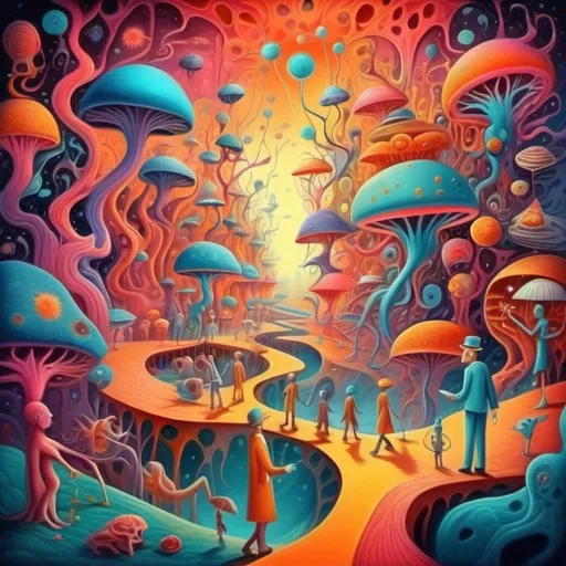 Prompt: A scene with many minds roaming along neuro pathways. Humor. Fantastical dreamscape.  imagination. Bright color scheme. Surrealist art movement. 