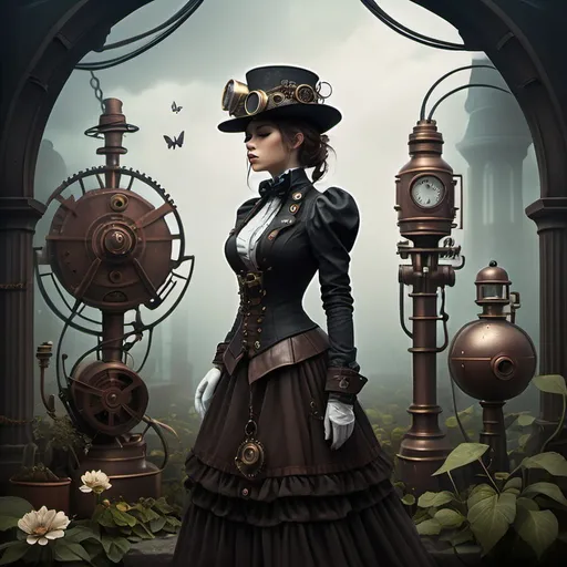 Prompt: image depicts a figure in a state of contemplation as she stands alone in  a  steampunk garden. She is alone surrounded with bad  spirits, ethereal atmosphere. Steampunk 