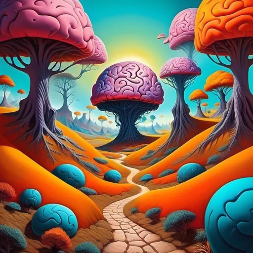 Prompt: Surrealist art movement. 
Fantastical landscape. 
Brains. Minds wandering. surreal. Dreamscape. Bright and vibrant colors. Natural lighting.