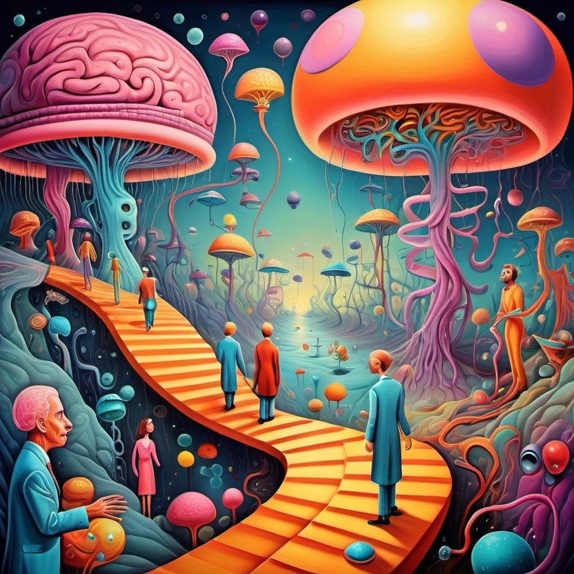 Prompt: A scene with many minds roaming along neuro pathways. Humor. Fantastical dreamscape.  imagination. Bright color scheme. Surrealist art movement. 