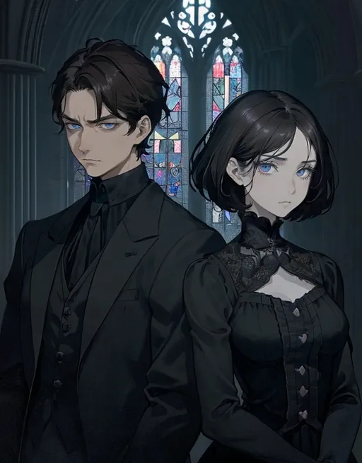Prompt: A man with short black hair, brown eyes with tan skin and a stubbled chin, clad in a black shirt with a button-down collar, gazes directly into the blue eyes of a woman with asymmetrical brown hair style and pale skin wearing punk style dress. They gaze upon each other with a contemplative, serious and yearning expression. Their attire suggests a formal cathedral. The background reveals cathedral stone walls with harsh Moonlight keeping through broken stained glass windows, characterized by an ornate, patterned room. The composition captures the man and woman’s upper body and face, with a slight tilt of the angle adding depth to the image, creating a mood that feels introspective and slightly intense. The overall color scheme is subdued, dominated by dark tones contrasted by light from moon, enhancing the emotional gravity of the moment. Rococo gothic style. Dark colors.