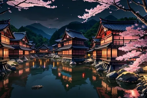 Prompt: Realistic, traditional japanese village at night, cherry blossom, detailed architecture, serene atmosphere, high quality, traditional, village, night scene, cherry blossom, detailed buildings, serene, realistic, atmospheric lighting, peaceful, traditional Chinese, cool tones