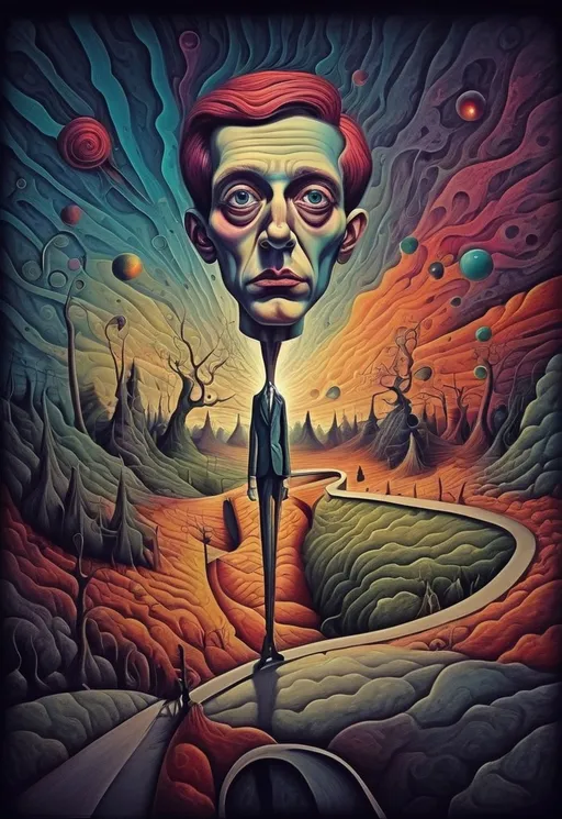 Prompt: The image depicts a fine line between one person who is a displays both genius and insane characteristics. Bold colors. Surrealist art style