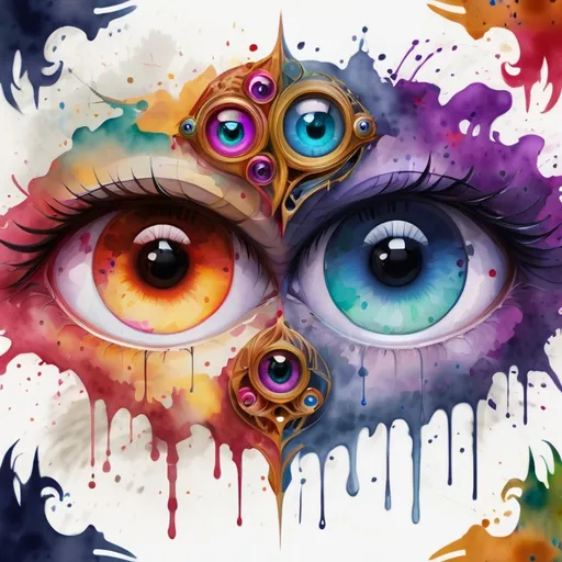 Prompt: digital watercolor painting, two eyes look into frame, you can see the world depicted in their eyeballs, a changing world, time, paint splatter, bright colors bold brush strokes, art nouveau