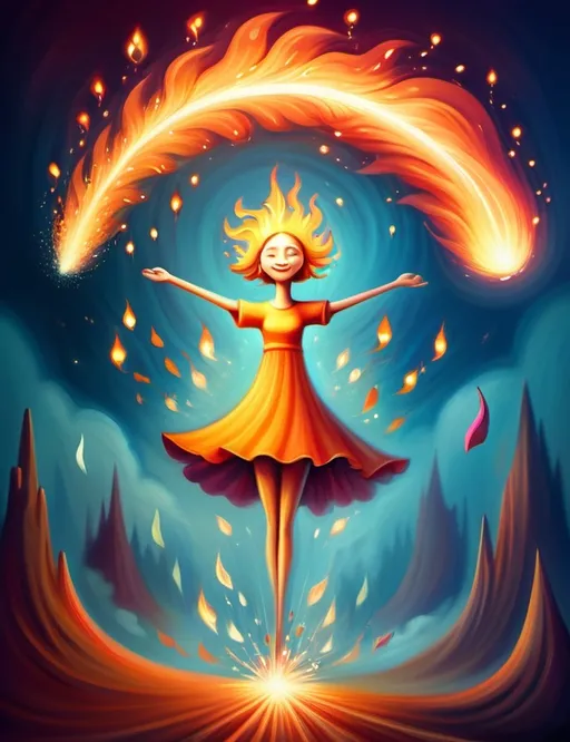Prompt: Surreal imagination dreamscape. The image Evokes a feeling of Trust and self worth. An overall sense of happiness about life. Anthropomorphic self fanning tiny, inner sparks of possibility into flames of achievement denoting, a sense of movement and enlightenment. Bright  intense hues.