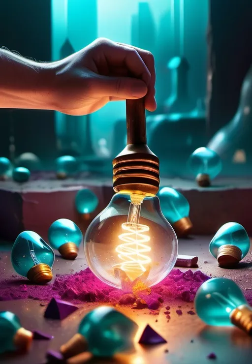Prompt: The setting is a Surreal dreamscape. A hand yields a hammer shattering light bulbs. glass shards lay on ground. vibrant and dynamic colors, warm golden glows mixing with cool teal and magenta hues. imaginative and energetic atmosphere. a mystical landscape in the background with fantastical elements, ultra-detailed, high quality.