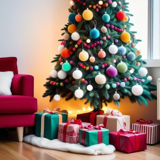 Prompt: Christmas tree lit with white lights and decorated with multicolor ball ornaments stand in the center of the frame surrounded by cute wool felt Christmas presents. Presents wrapped in fuzzy fabric, felt. Christmas. Christmas colors. 