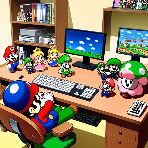 Prompt: anime, Japanese illustration, macro, Home office setting, computer and keyboard sits on a desk, hands typing on the keyboard, cute Nintendo characters Mario, Luigi, princess peach, toadstool dolls sit on desktop table top.