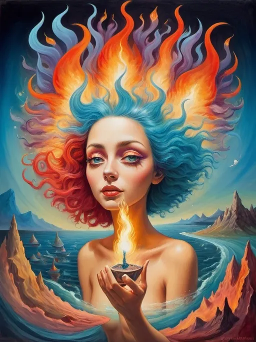 Prompt: Art style of Salvadore Dahli.
 Surrealist art movement. 
A dreamscape of imagination that Evokes a feeling of Trust and self worth. An overall sense of happiness about life. 

A self fanning tiny, inner sparks of possibility into flames of achievement showing a sense of movement and enlightenment. surreal. Fantasy. Bright colors. 