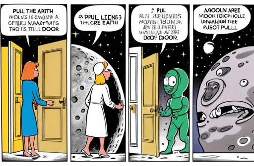 Prompt: Comic strip. Panel 1 depicts People are going to the moon. Panel 2 aliens are coming to Earth. Panel 3 white woman still pushing on a door that says pull.