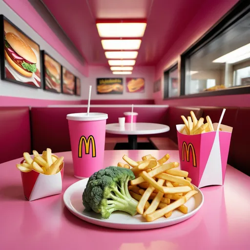 Prompt: The mcdonald interior view of fast food, dining room, main subject is a plate of pink broccoli and french fries, Bubblegum  