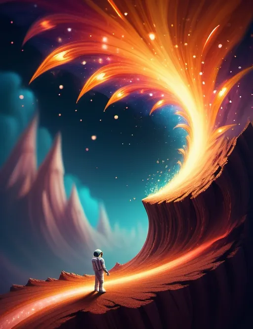 Prompt: Surreal imagination spacescape. Evokes a feeling of Trust and self worth. An overall sense of happiness about life. Anthropomorphic self fanning tiny, inner sparks of possibility into flames of achievement. Macro view, intense hues.