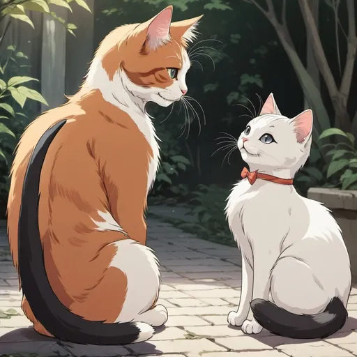 Prompt: Vintage anime style, Male cat with a long slender tail face to face with a female cat with short stumpy tail, anime scene, happiness, cute,
