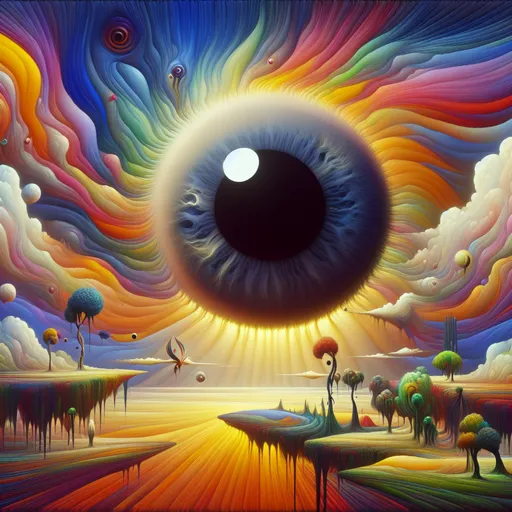 Prompt: Dilated pupil.surreal. Bright colors. Illustration.
