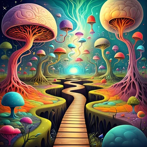 Prompt: An imaginative landscape with many pathways leading to a central knowledge source. The paths are littered with many minds roaming along neuro pathways. Humor. Fantastical dreamscape.  imagination. Bright color scheme. Surrealist art movement. 
