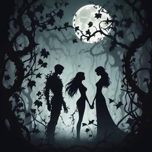 Prompt: Two silhouettes standing in an Overgrown forest vines, ivy and thorns, harsh moonlight, shattered, broken hearted, loss