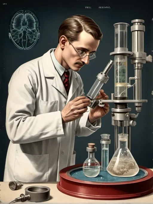 Prompt: Vintage medical illustration. Male scientist. Lab setting. On steel table with microscope sits a petri dish in that mold had grown in the dish filled with liquid.