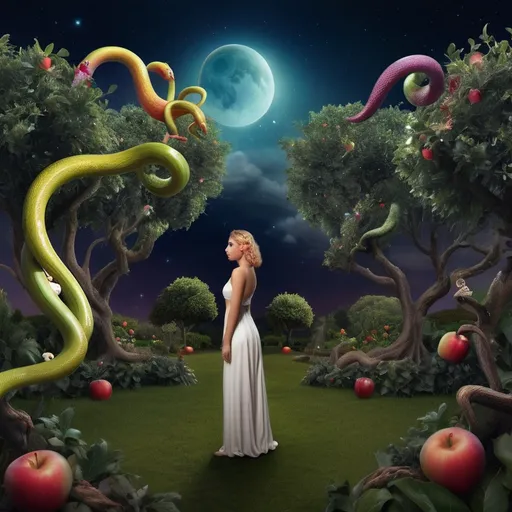 Prompt: Surreal image (Salvadore Dahli style). Creationism. A Lush colorful biblical Garden of eden dreamscape with fig trees and apple trees. One lone Snake coils around  A female standing perfectly still with back facing frame. Rising from the female are multiple souls watching from the night sky. image of evokes feelings of understanding and creativity and peace. 