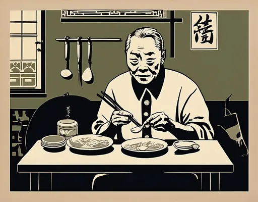 Prompt: Chinese propaganda poster. In a carry out kitchen sits an older Chinese male at a table. The figure stares upon his plate and sees two bats. With a pair of chopsticks, he begins eating the bats from his plate.

style propaganda, COVID
