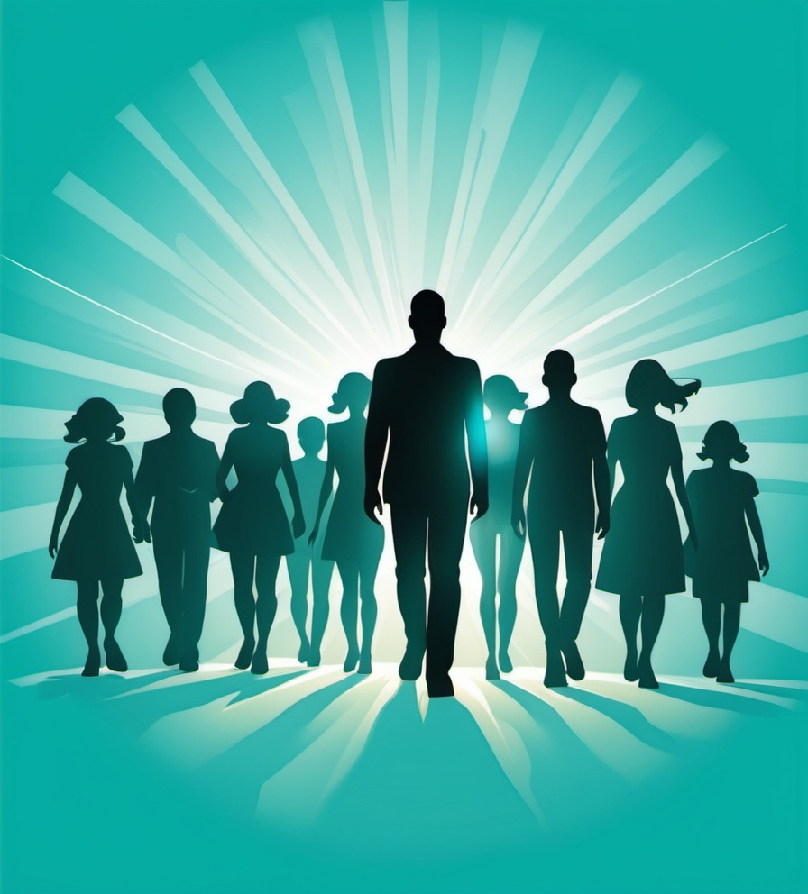 Prompt: large number people, silhouettes. Bright tones and a rays of light. A flat teal background. Illustration.