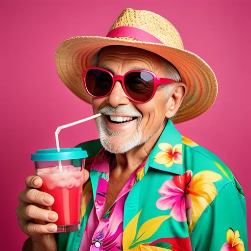 Prompt: A cheerful older man exudes vibrant energy against a bold magenta backdrop, dressed in a colorful floral shirt that bursts with tropical hues of pink, yellow, and green. He wears stylish, oversized red heart-shaped sunglasses and a straw hat, adding a playful touch to his look. With a glass in hand filled with a deep red drink, he sips thoughtfully through a straw, one hand gesturing expressively as if savoring the moment. The sunlight highlights his silver hair and the warm colors of the scene, creating an atmosphere of relaxed joy and celebration, as if he’s enjoying a perfect day in paradise.