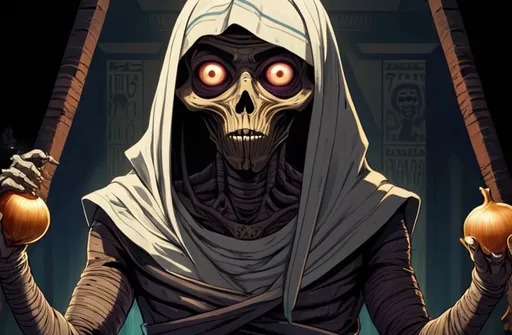 Prompt: 2d dark j horror anime style, a blind Egyptian mummy with onion eyeballs
