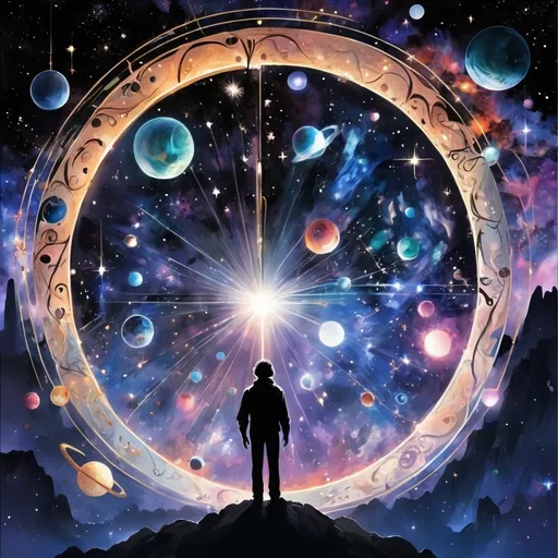 Prompt: Anime illustration of space, universe, mysterious, Mystery creates wonder, wonder is the basis of man's brain, desire, understanding, illustration 
