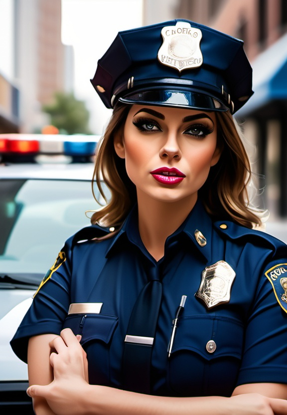 Prompt: Sultry and busty Female police officer stand on An urban street. A man is pulled over in his car with a look of excitement. rich colors his face.