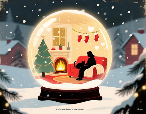 Prompt: Vertical vintage holiday poster illustration of a large glowing snow globe as the central focus, set against a softly faded, Christmas  winter wonderland landscape created with aged paper. Inside the snow globe is a cozy living room at Christmastime: a glowing fireplace, a simple decorated tree, stockings, and a silhouette of a person with a pet kitten curled up on a couch under a blanket. The warm golden light from the room spills out inside the globe, creating a soft halo. Outside the globe, gentle snowfall drifts down and the surrounding space is quiet and calm, with only a faint hint of rooftops or pine branches, suggesting the wider world. Subtle heart-shaped reflections and bokeh lights around the glass hint that “home” is carried in one’s heart. Color palette: warm reds, soft greens, creamy ivory, and muted golds, with cool blue-gray for the snow. Style: vintage Christmas poster, slightly grainy texture, simple bold shapes and clean composition, with 1 inch room at the bottom or top for text placement.

Create 