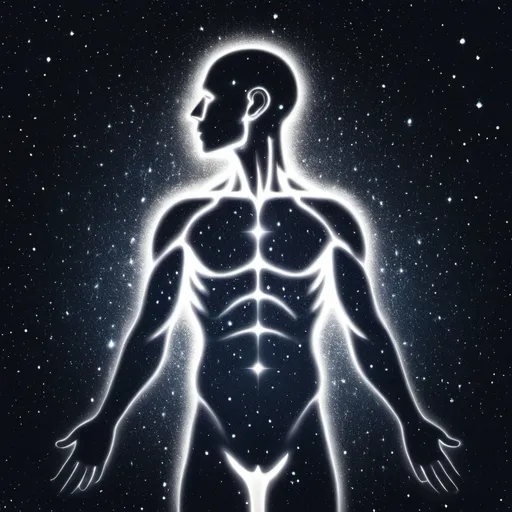 Prompt: An outline of a human from head to torso. The outline is filled with a depiction of the universe. The image evokes a feeling of movement and change. Macro.