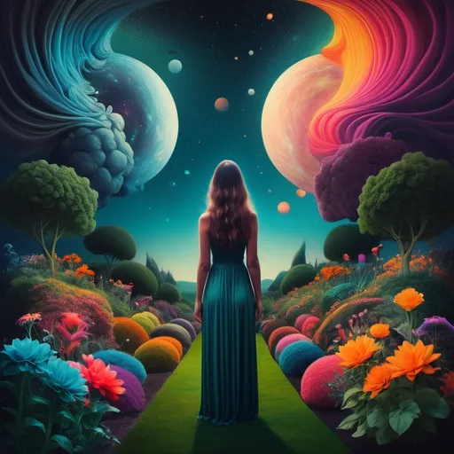 Prompt: Surreal image (Salvadore Dahli style. Lush colorful Garden of landscape. Creationism.  A female stands perfectly, still with back facing frame. Rising from the female are multiple souls drifting into the night sky. image of evokes feelings of understanding and creativity and peace. Surrealism.