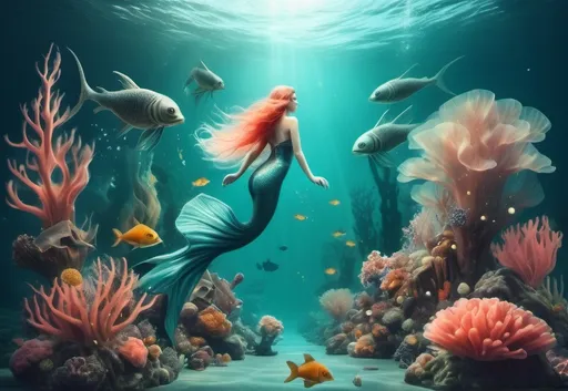 Prompt: A strange underwater fantasy scape. The image evokes a feeling of lightness and oddness. beautiful imaginative mythical creatures swim through water. Rare fish, mermaid, coral.