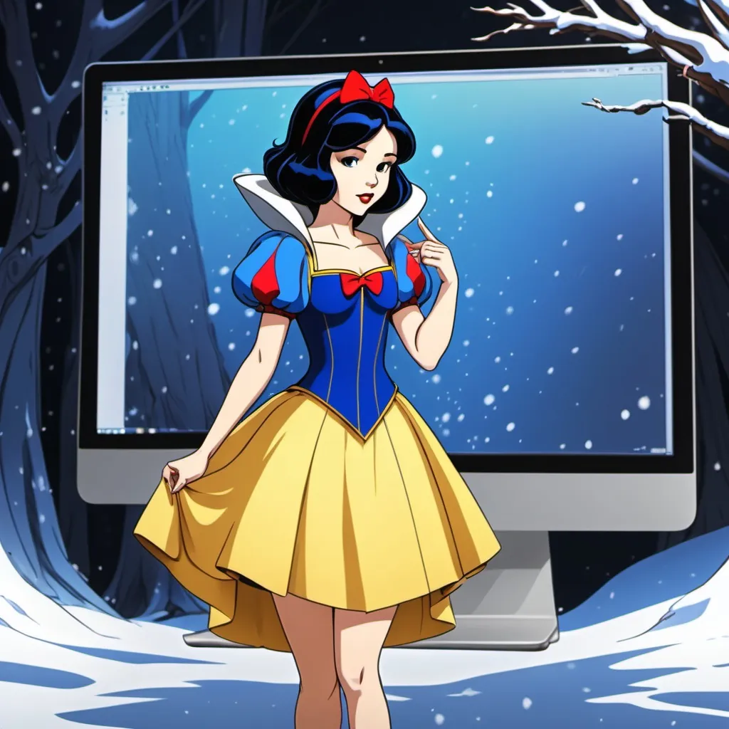 Prompt: in anime-style, a full body of a young warrior-princess looking Snow White with a computer screen background in anime-style. Her dress is like the Disney princess