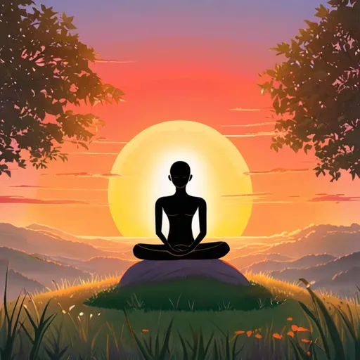 Prompt: The scene is a quiet and meditative landscape. The foliage is gently suede by a light breeze. Time of day is dusk. A sun with a brightly colored sunset, creates the light for the scene. A anthropomorphic figure sit in a meditative pose with eyes closed.

