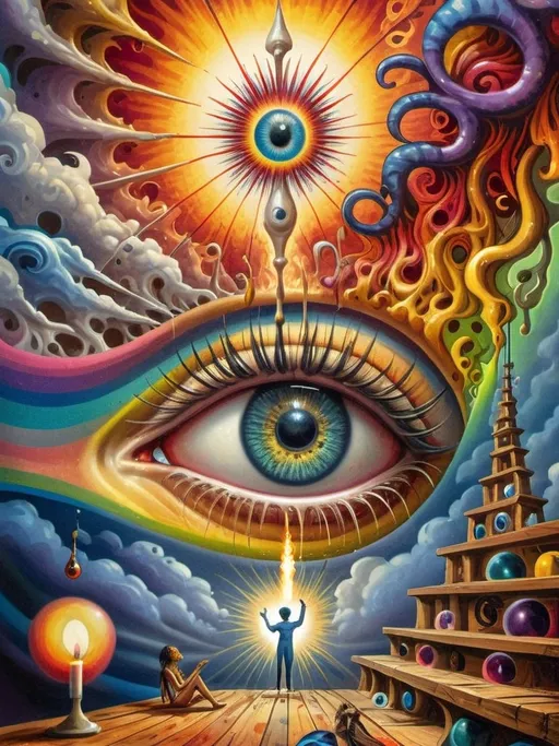 Prompt: Art style of Salvadore Dahli.
 Surrealist art movement. 
A dreamscape of imagination that Evokes a feeling of Trust and self worth. An overall sense of happiness about life. 

A self fanning tiny, inner sparks of possibility into flames of achievement showing a sense of movement and enlightenment. surreal. Fantasy. Bright colors. 