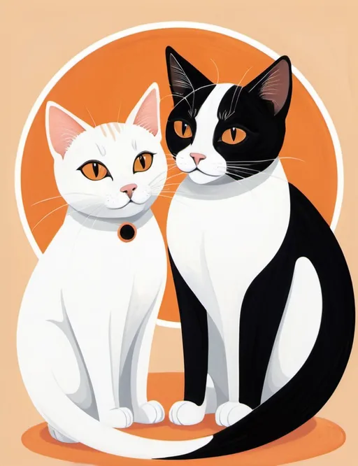 Prompt: Two charming cats sit close together, their expressions full of curiosity and affection, as they engage in a gentle gaze that suggests a deep connection. One cat has a striking white coat with long tail while the other is predominantly black with white accents and short stubby tail, creating a visually appealing contrast. The background features a warm, peachy-orange circle, accented by soft clouds and delicate floral elements, evoking a serene atmosphere. The illustration employs a bold, cartoonish style with clean lines and a limited color palette, enhancing the enchanting quality of the scene. Overall, this composition conveys a sense of companionship and tranquility, inviting viewers to admire the bond between the two felines.