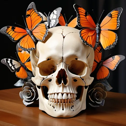 Prompt: A vibrant arrangement features a skull adorned with a flurry of striking orange and black butterflies, perched atop its cranium in a lively and whimsical fashion. The skull, designed with exaggerated facial features and intricate details, rests on a smooth wooden surface, contrasting with the butterfly's delicate beauty. In the background, a soft, blurred neutral tone suggests an indoor setting, possibly a contemporary room. The overall composition blends elements of the macabre and the enchanting, creating a narrative of transformation and juxtaposition between the eerie skull and the ephemeral butterflies, evoking a sense of wonder and intrigue.