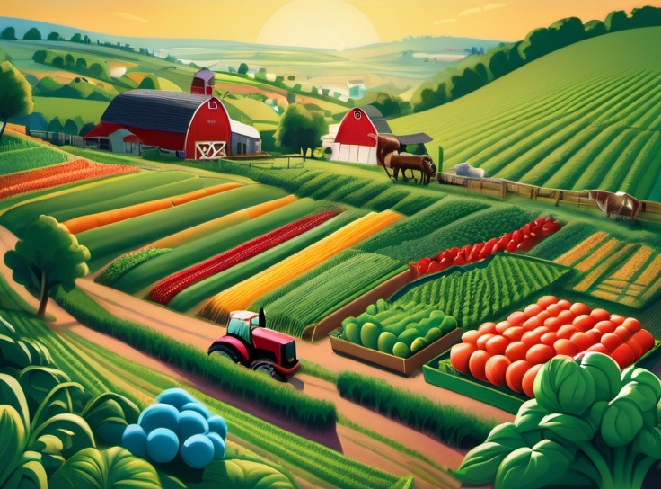 Prompt: Image depicts a rolling lush landscape filled with vegetables and crops. A variety of farm animals run through the hill.Old Macdonalds Farm had started to use artificial intelligence.