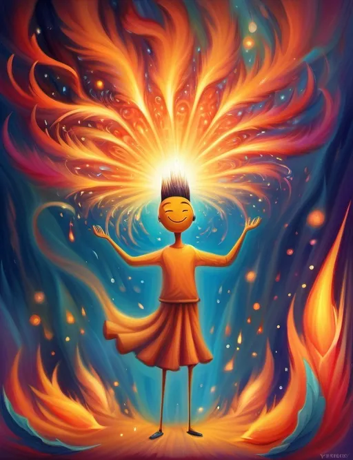 Prompt: Surreal imagination dreamscape. The image Evokes a feeling of Trust and self worth. An overall sense of happiness about life. Anthropomorphic self fanning tiny, inner sparks of possibility into flames of achievement denoting, a sense of movement and enlightenment. Bright  intense hues.