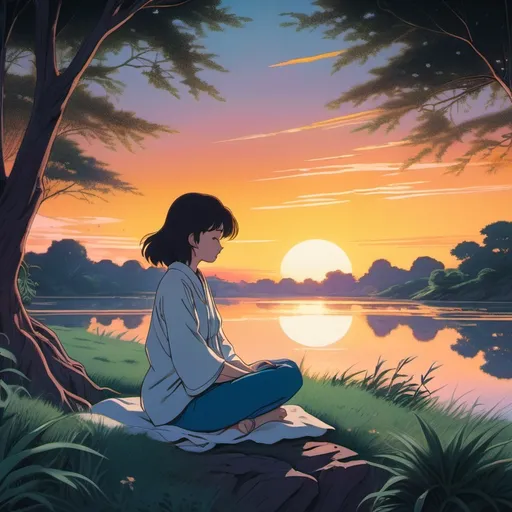 Prompt: 1980’s anime art style. The scene is a quiet and meditative landscape. The foliage is gently suede by a light breeze. Time of day is dusk. A sun with a brightly colored sunset, creates the light for the scene. A female figure sit in a meditative pose with eyes closed. The character appear much softer and loose in comparison to defining faces

